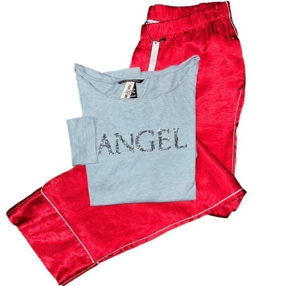 Victorias Secret Silky Satin thick pants & soft bling Angel top pajama set red L - Picture 3 of 13
